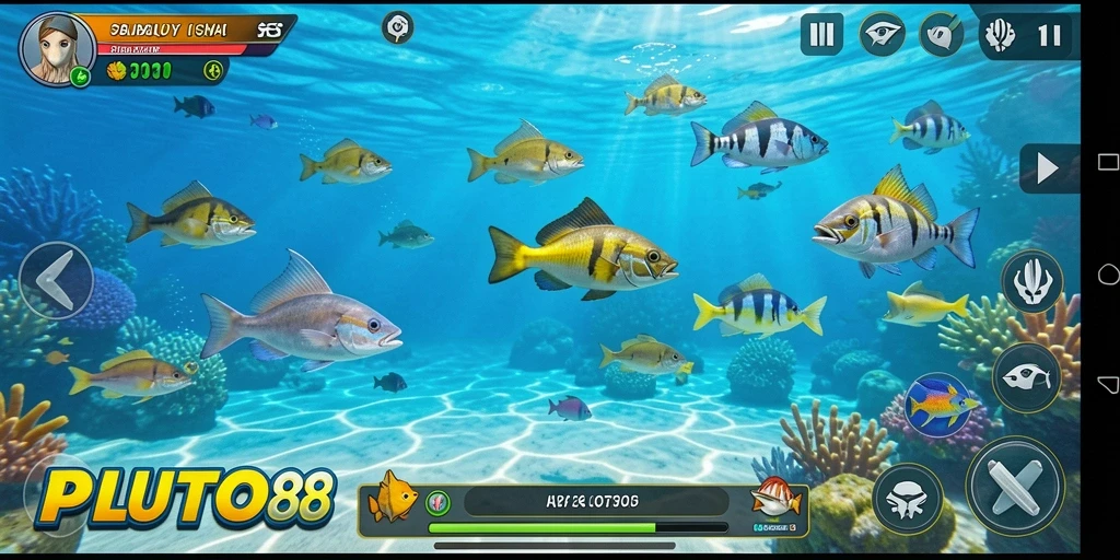 Tampilan gameplay seru PLUTO88 dengan aksi menembak ikan.