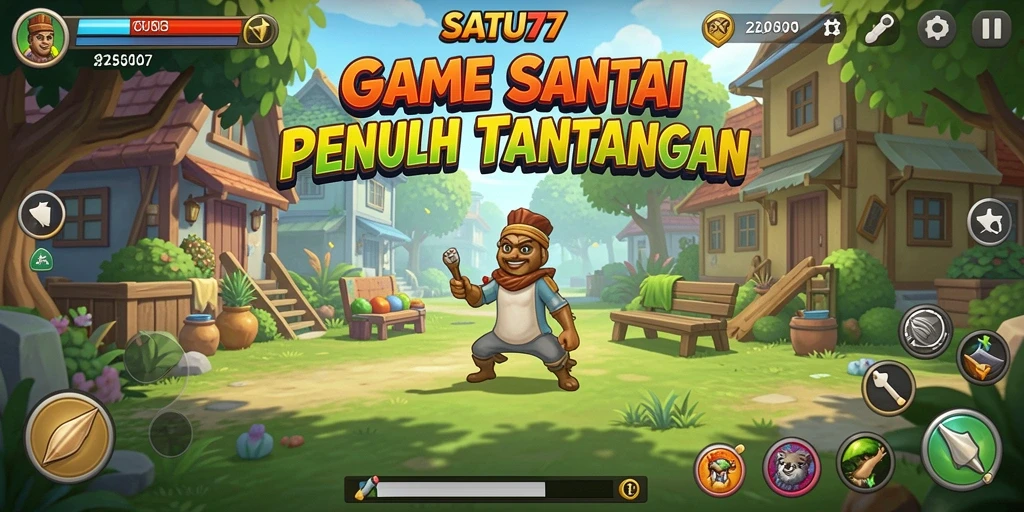 Screenshot utama SATU77 menampilkan gameplay yang seru dan penuh warna.